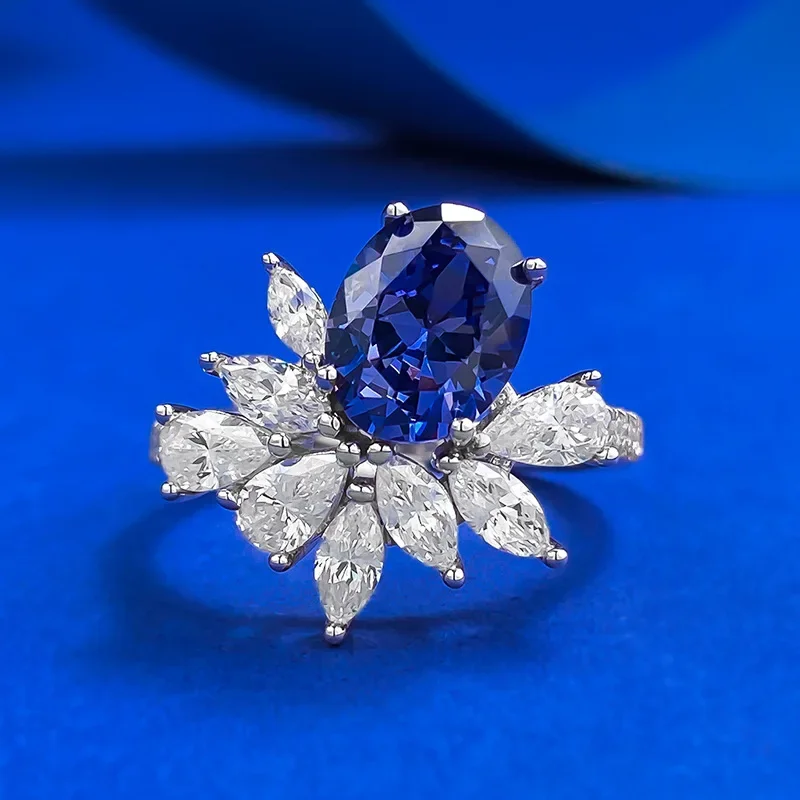 Yaranyan Vintage 100% 925 Sterling Silver 7 * 9 MM Oval Cut Lab Sapphire High Carbon Diamond Gemstone Flower Ring Fine Jewelry