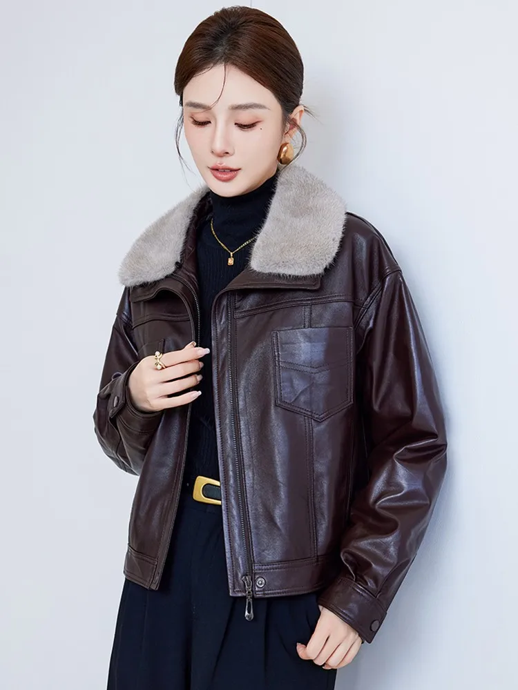 Mode Winter Vrouwen Echt Leer Down Jas Warme Nertsen Bontkraag Rits Loose Fit Straat Schapenvacht Motorfiets Korte Jas