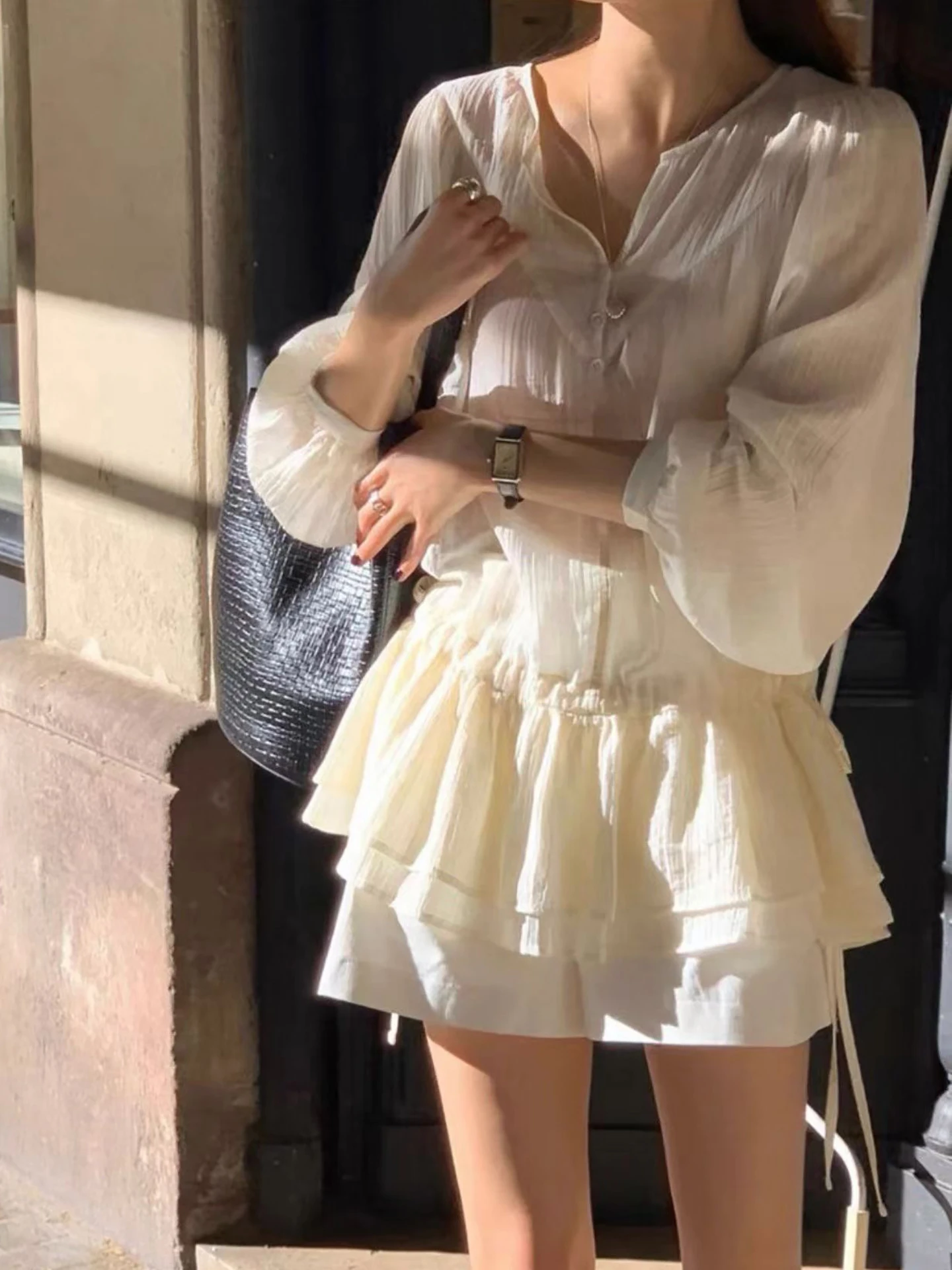 

Unique Korean Sle Girls Puffy irt Dstring Waist Design Sense Loose Fit Long Sve Breathable Polyester Top