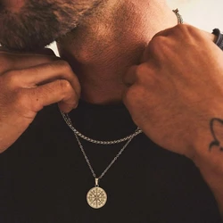 Men's Layered Alloy Necklace Navigation Travel Compass Pendant Cuban Figaro Wheat Chain Casual Vintage Necklace Jewelry Gift