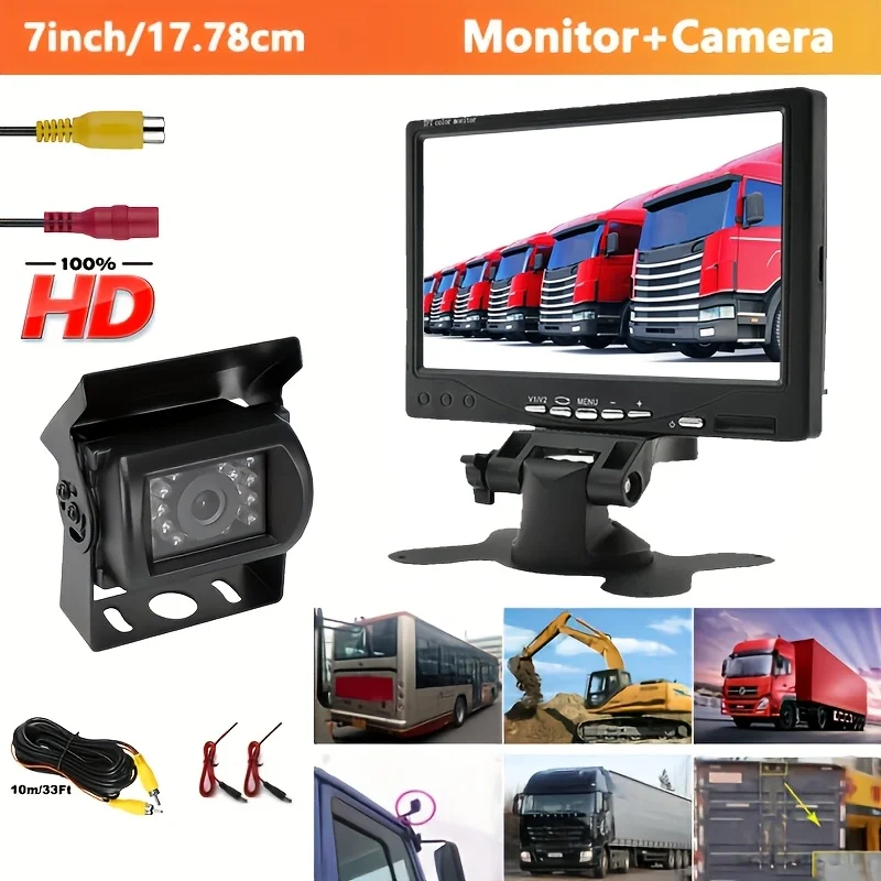 7-Zoll TFT-LCD Rückfahrmonitor Kompatibel für Autos/SUVs/Wohnmobile mit 18-LED-Rückfahrkamerasystem, 10m Kabel