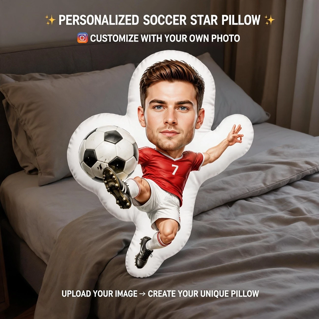 Custom Photo Soccer Player Shaped Pillow, Red Jersey Footballer with Custom Face Decorative Cushion, Unique Home Decor Accent fo