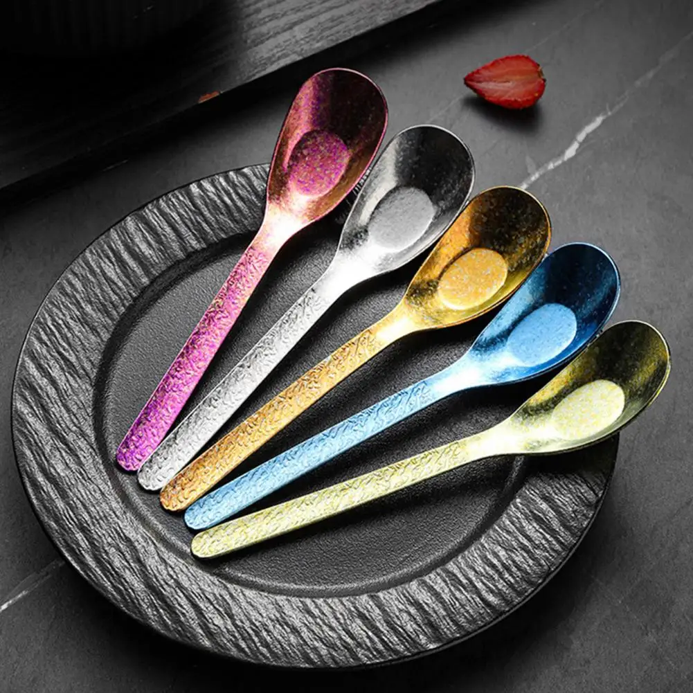 Kids Spoon Lightweight Spoon Flat Bottom Spoon Set Hammer Pattern Dinner Spoons Long Handle Kitchen Utensils for Soup Rice Ice