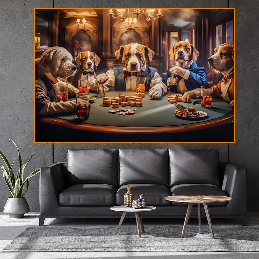 

Retro Dogs Playing Poker Poster Funny Pet Drinking Canvas Painting Animals Wear Suits Illustration Bar Club Wall Art Room Decor