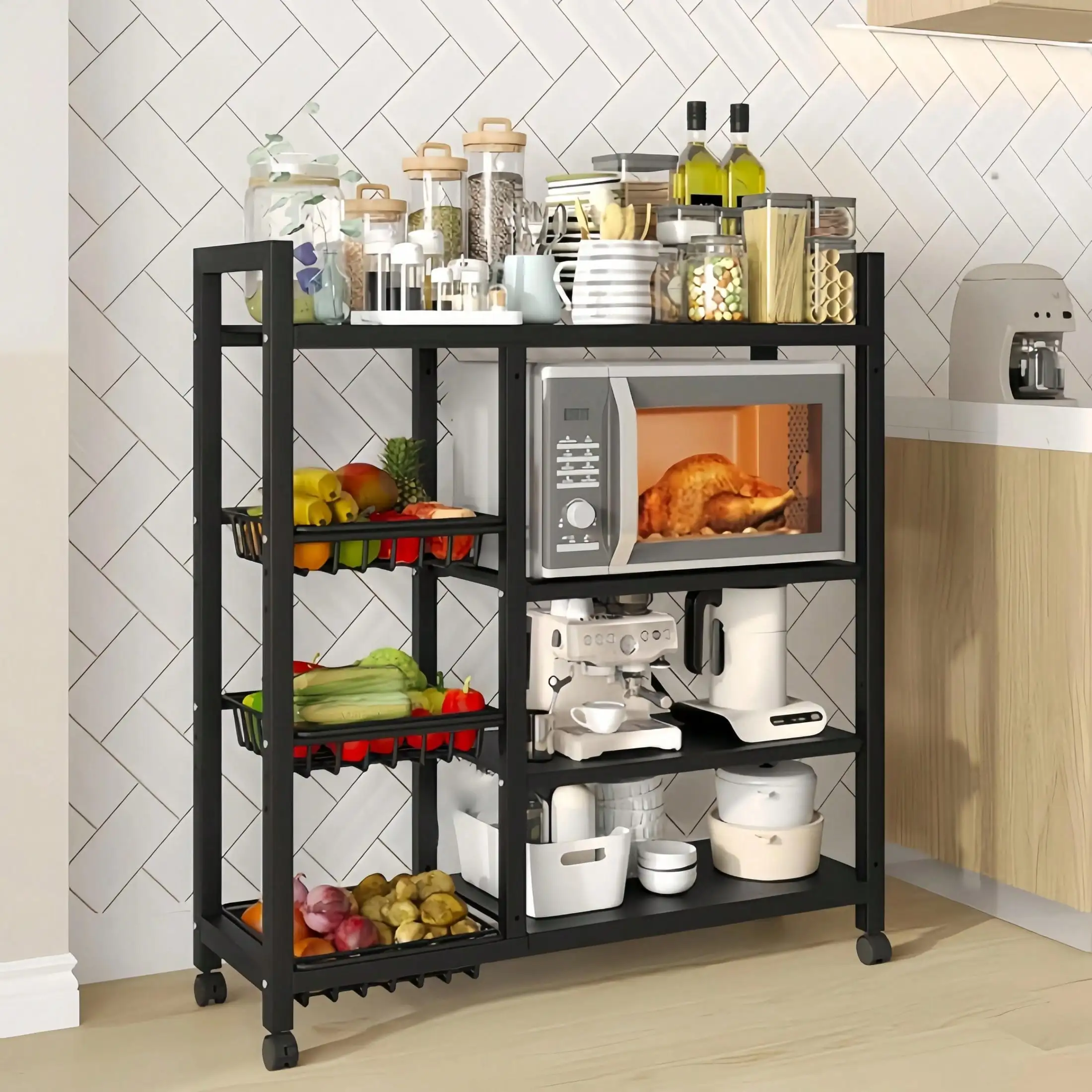 

1 Multifunctional Kitchen Storage Rack, Adjustable 4-Storey And 3-Line Basket Storage Baskets, Adjustable Mobile Microwave Rack