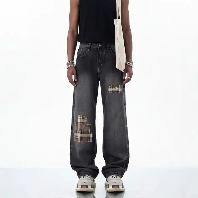 2026 Men's Wide-Leg Dark-Colored Jeans, Plaid Pattern Quilted Denim Pants, Loose Streetwear, Vintage Y2K Hip Hop Style, Retro Ca