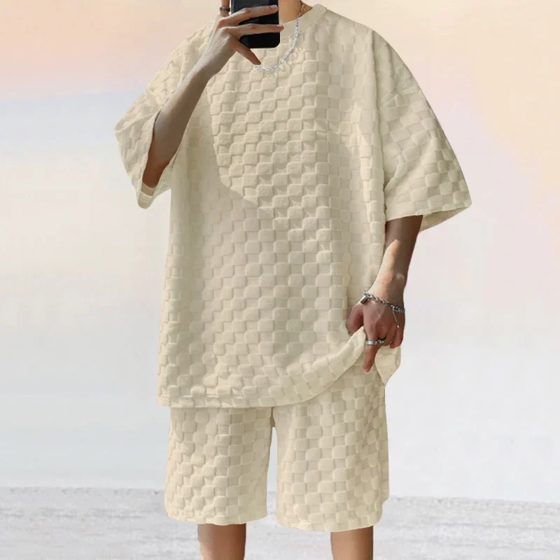 2025 cross-border men's summer new jacquard plaid short sleeve t-shirt wide size straight set shorts and high casual