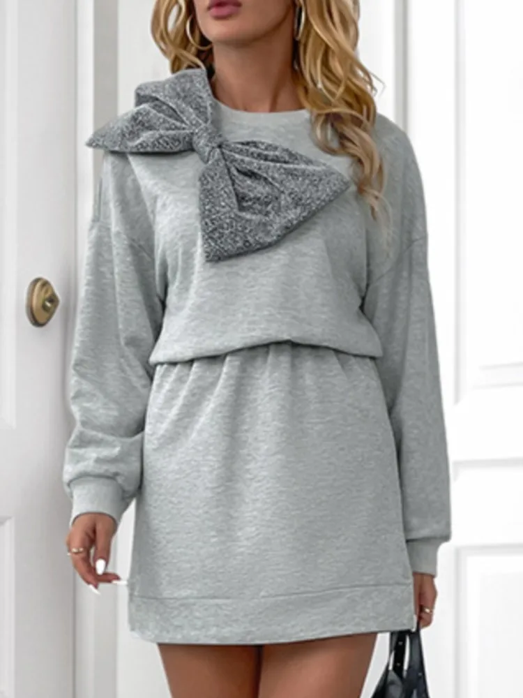 

Dresses 2025 Woman Casual Sweet Bow Decorated Solid Color Sweatshirt Dress Trendy Long Sleeves Vestidos Commuting Simple Style