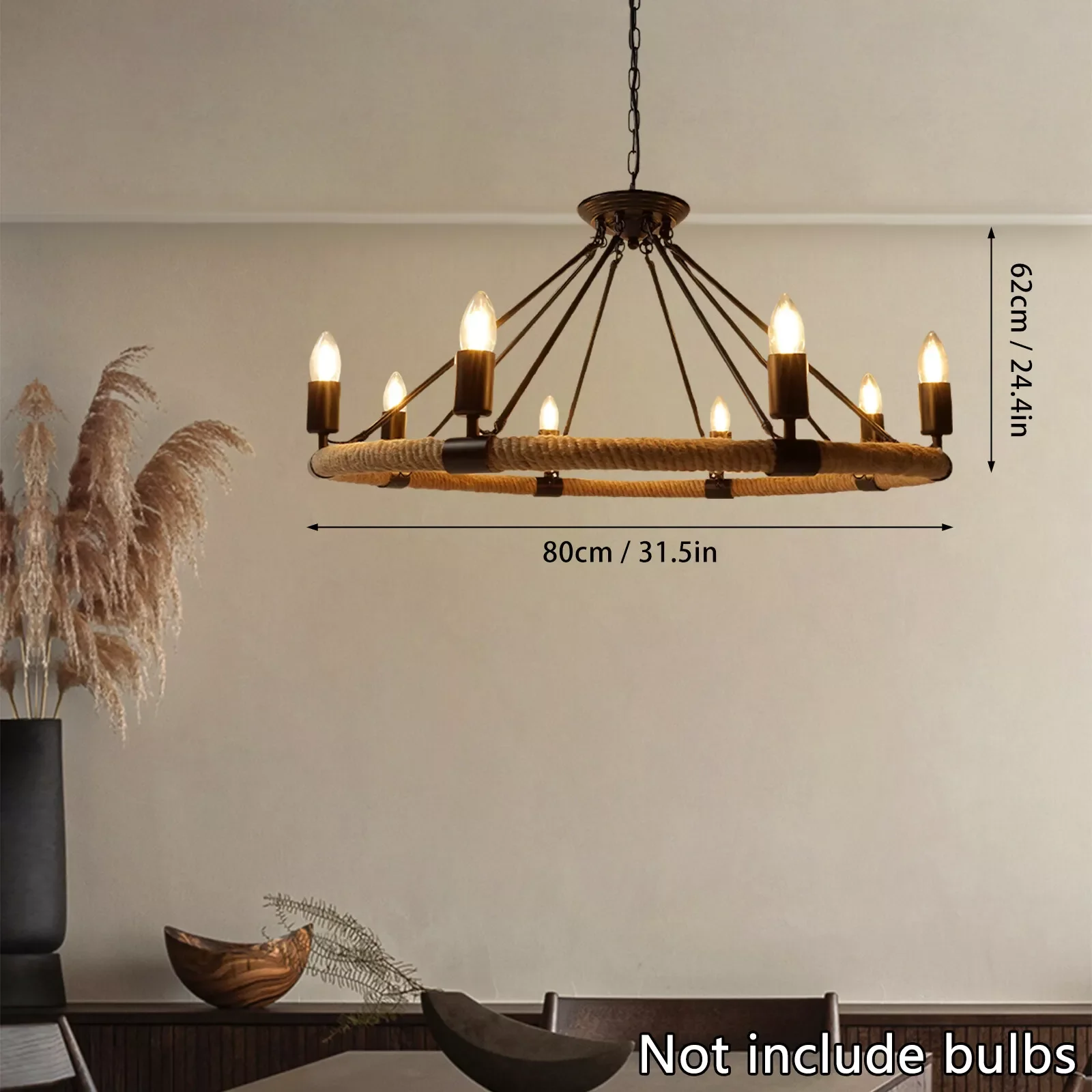 

8 Lights Rustic Hemp Rope Pendant Light, Vintage Candle Chandelier, Hanging Lamp Fixture, Iron Frame, E26, Adjustable Chain