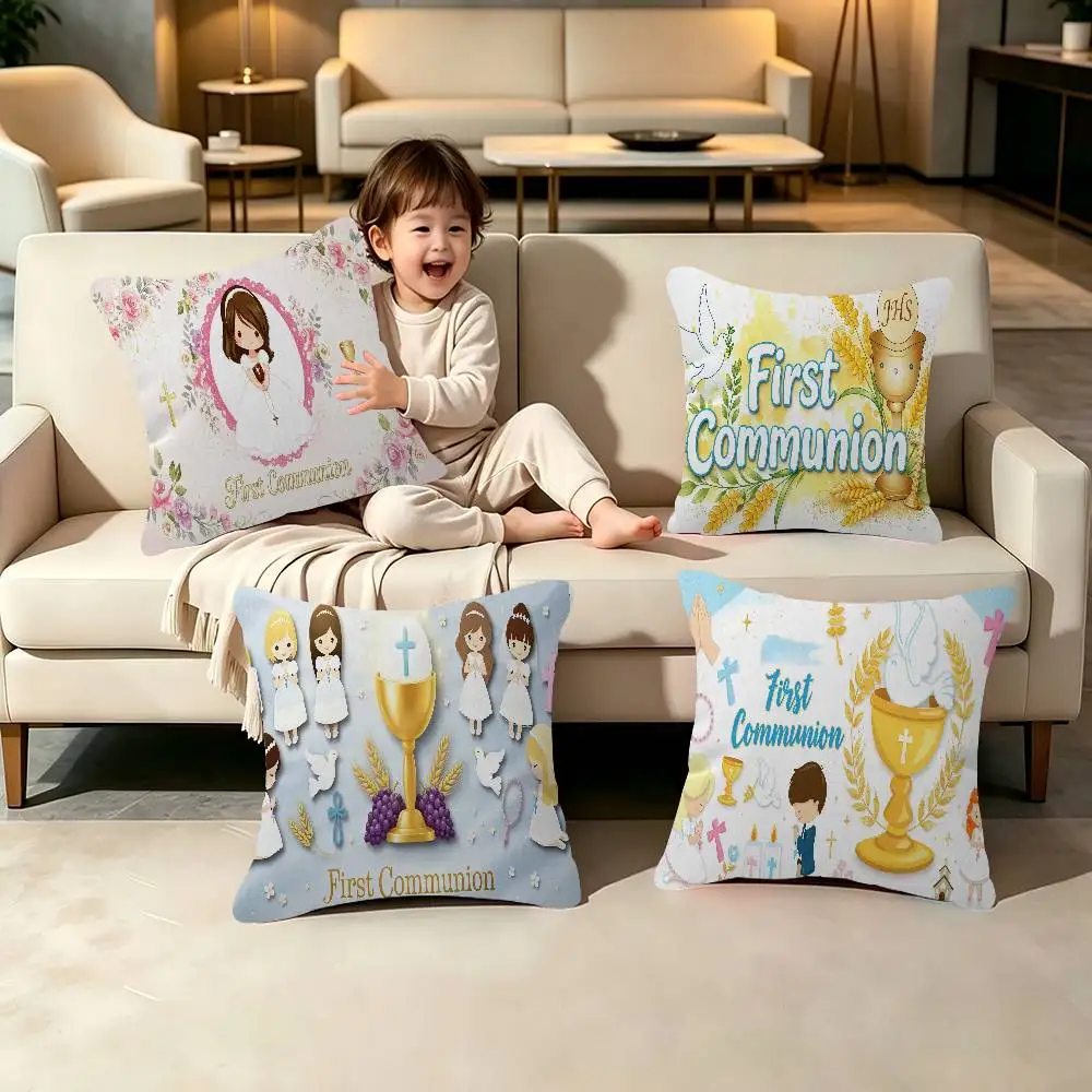 First Communion Boy Girl Gold Cross Fashion Decor Pillowcase Throw Cover Pillow Case Cushion For Living Room Square Home Decor