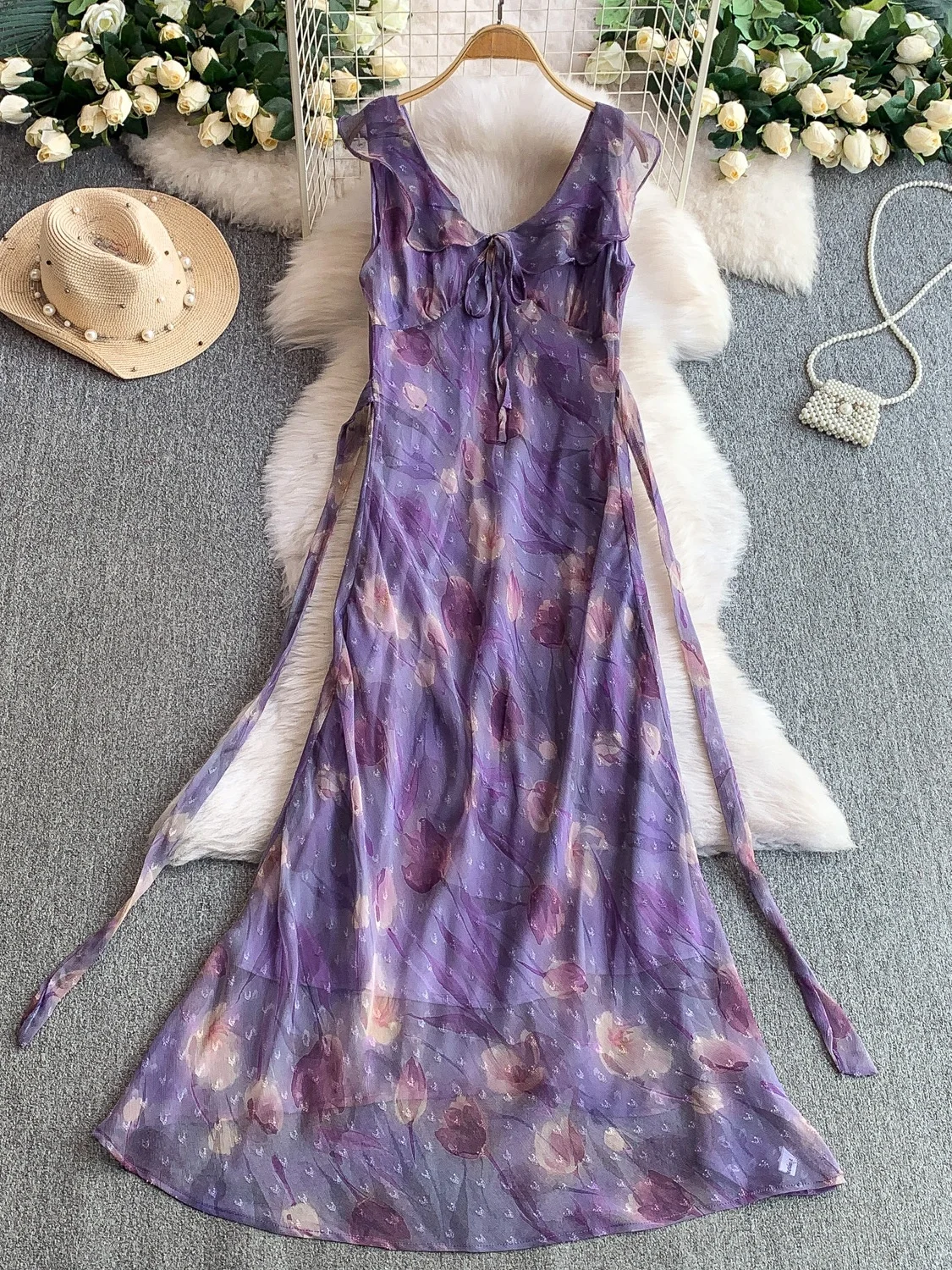 Sommer Vaion Lila Blumendruck V-ne Dr Damen Ele Taillierender langer A-Linien-Rock Korean Sle Pendeln