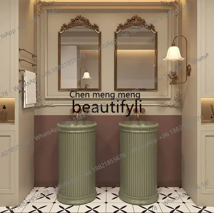 

New arrive integrated floor-to-ceiling round wash basin, retro green art personalized column basin