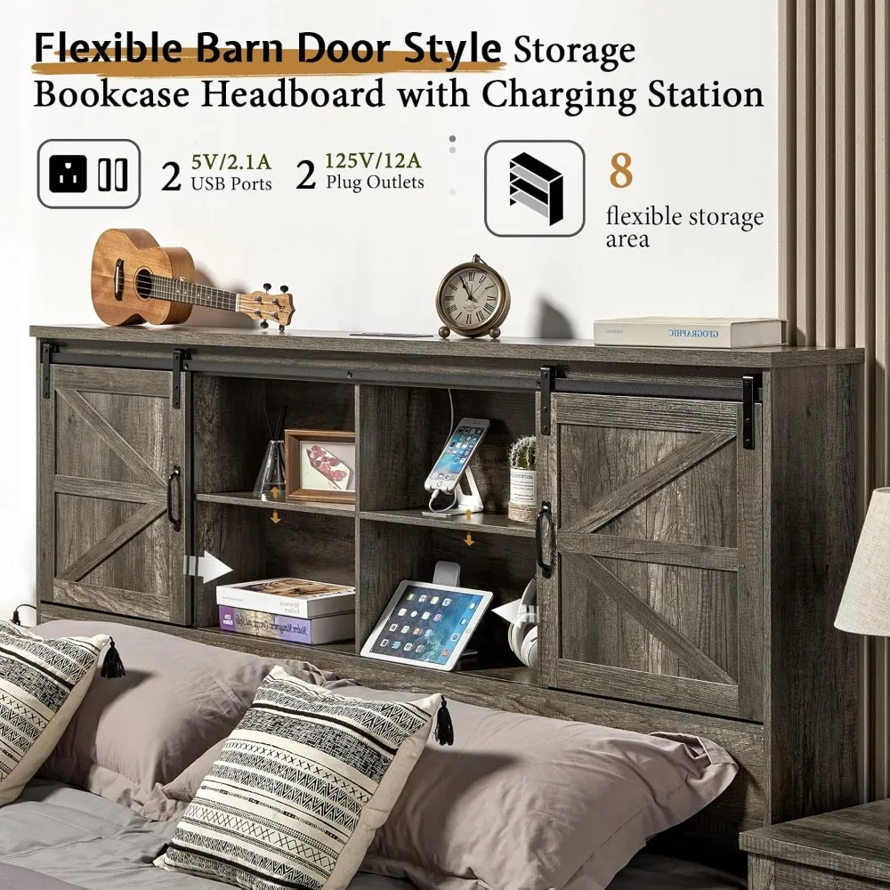 King Size Bed Frame, Wooden Platform Storage Beds with 51.2" Bookcase Headboard, 2 Drawers, Charging Station/Bed Frame