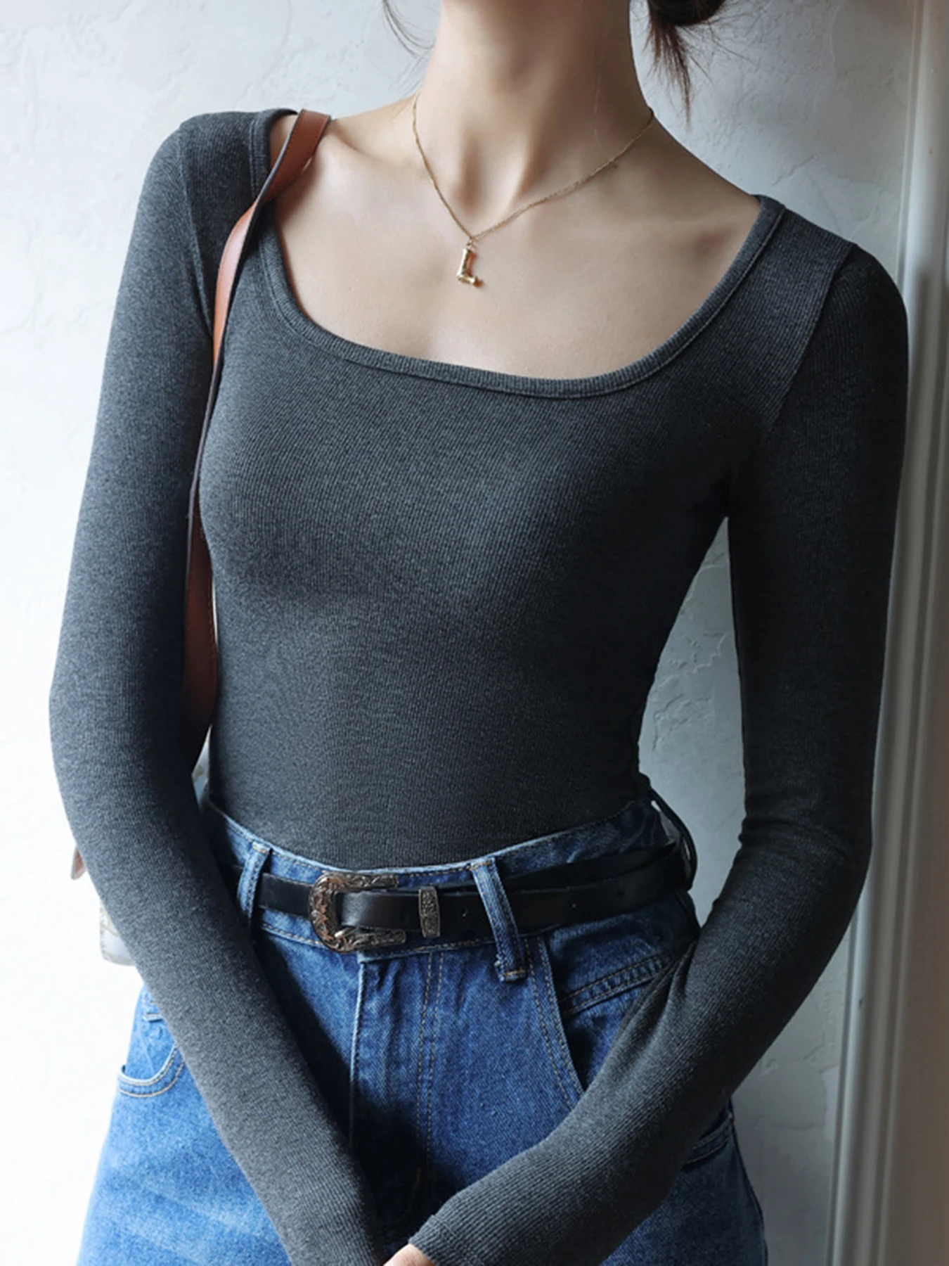 Korean Y2K White Black Women T-Shirt Trendy Slim Long Sleeves Casual Square Neck Tee Shirt Soft Daily Autumn Winter Streetwear