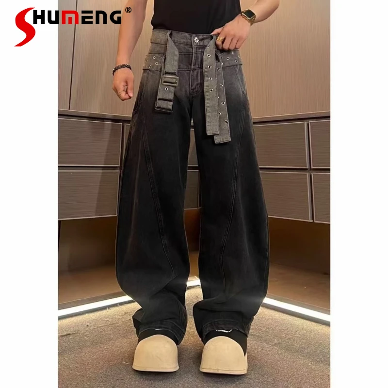 

2025 Early Autumn Men's High-End Cotton Jeans Trendy Double Belt Design Gradient Curved Denim Pants Male Handsome Denim Trousers