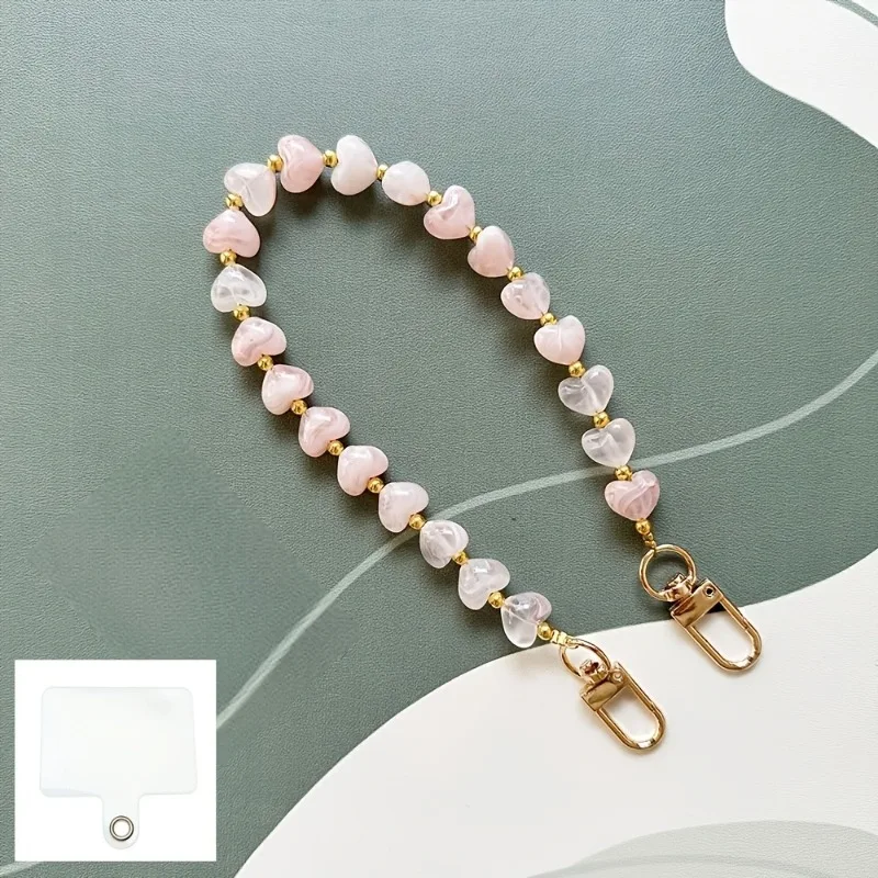 Modische Acryl-Handykette mit Herzanhänger, Perlen-Telefonband, Handy-Hängeschnur für Damen, Schmuck