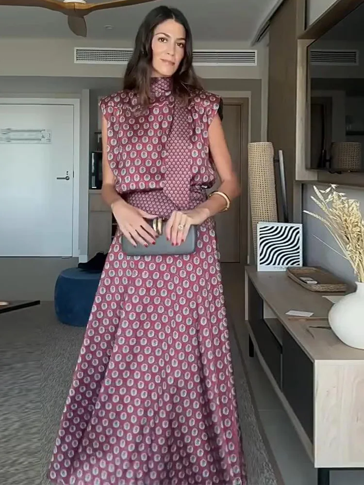 2026 Summer Autumn Casual Printed Women's Top Skirt Suit Sleeveless Lace-Up O-Neck Tops High-Waist Maxi Skirts Female Outfit New