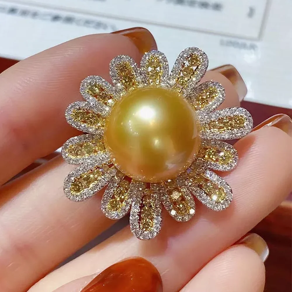 Gorgeous AAA 12-13mm Round Sunshine South Sea Gold Pearl Open Adjustable Ring 925S