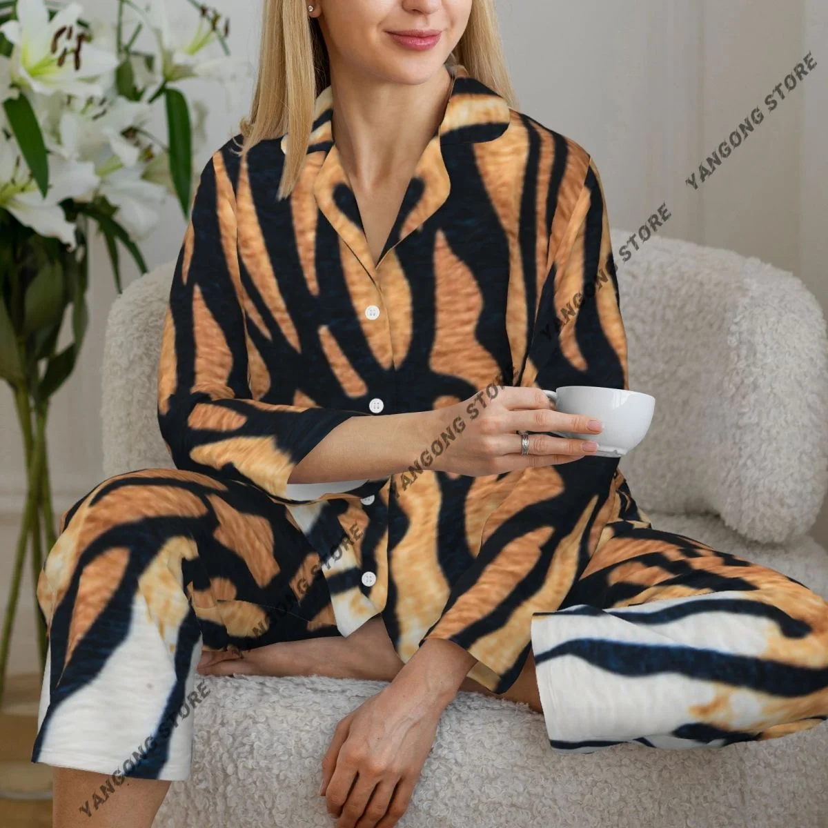 

Женские пижамы в полоску с тигром, одежда для дома, одежда для сна из двух предметов, длинный пижамный комплект на пуговицах с длинными рукавами