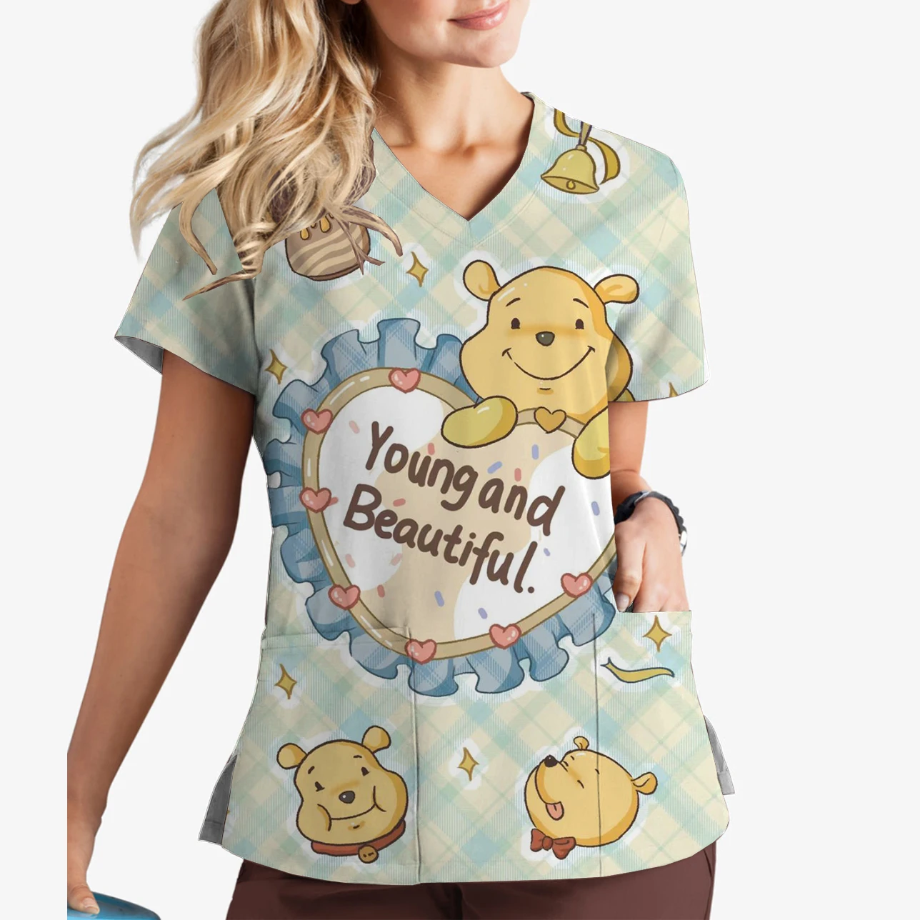 

Nurse Uniform Women Cute Bear Cartoon Print Fashion V-Neck Print Scrub Top Veterinary Work Clothes Medical Clothes