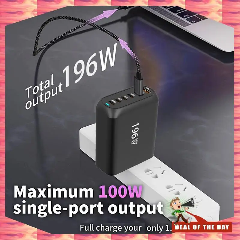 

24-часовая доставка, 196 Вт USB C Gan, зарядное устройство PD 100 Вт, адаптер питания для быстрой зарядки, 6 портов для Ipad Pro, Iphone, Galaxy, Huawei
