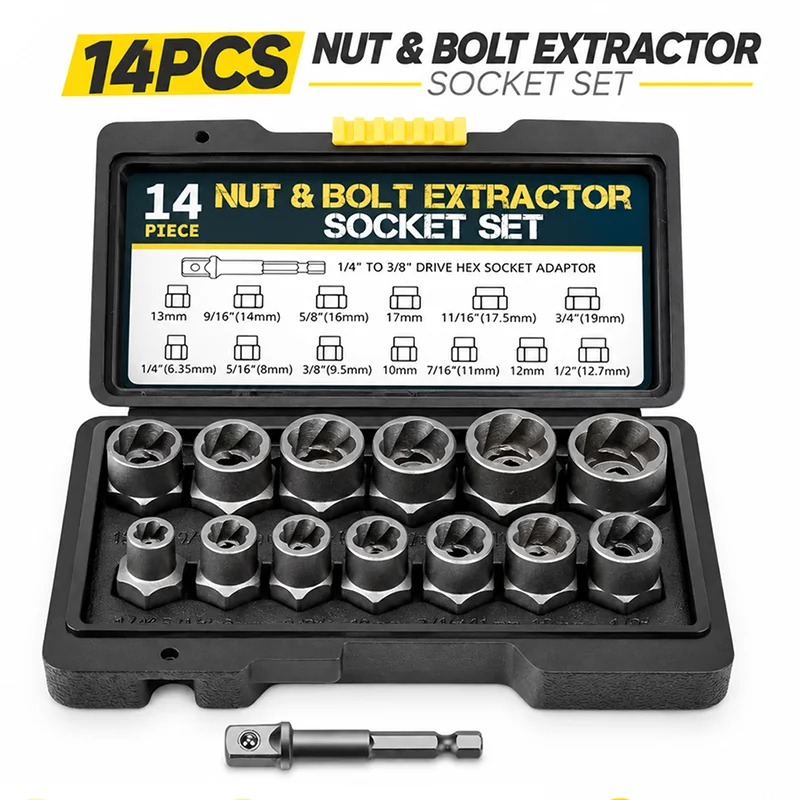 Bolt Extractor Set 14Pcs Nut Remover Impact Socket Chrome Vanadium Steel Damaged Bolt Extraction Tool Kit with Storage Case
