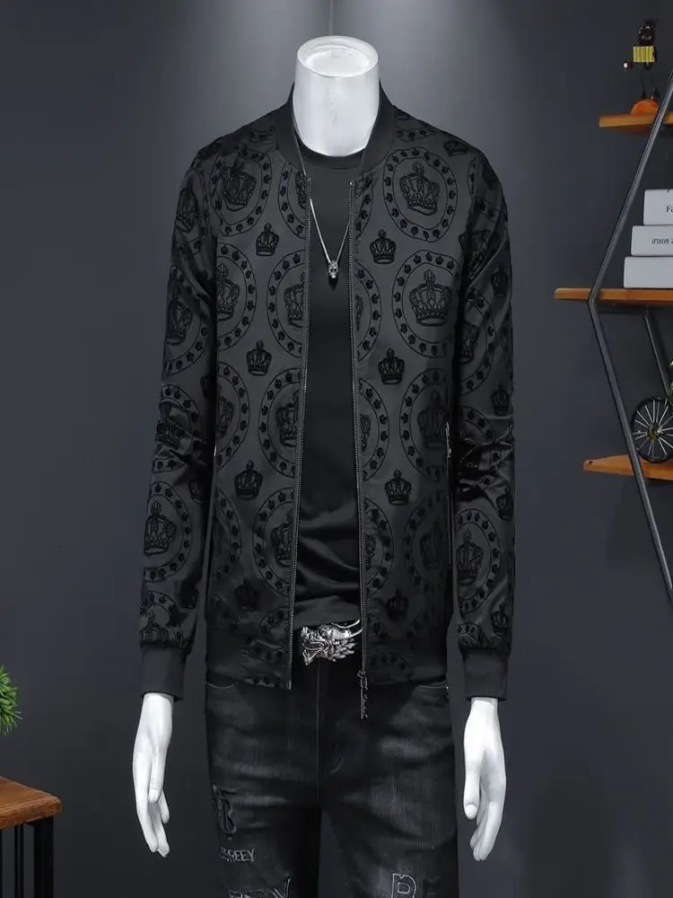 

Crown Vintage Jacket Men 2024 Spring New s Korean Slim Club Outfit Bomber Black Print Jaqueta Masculina