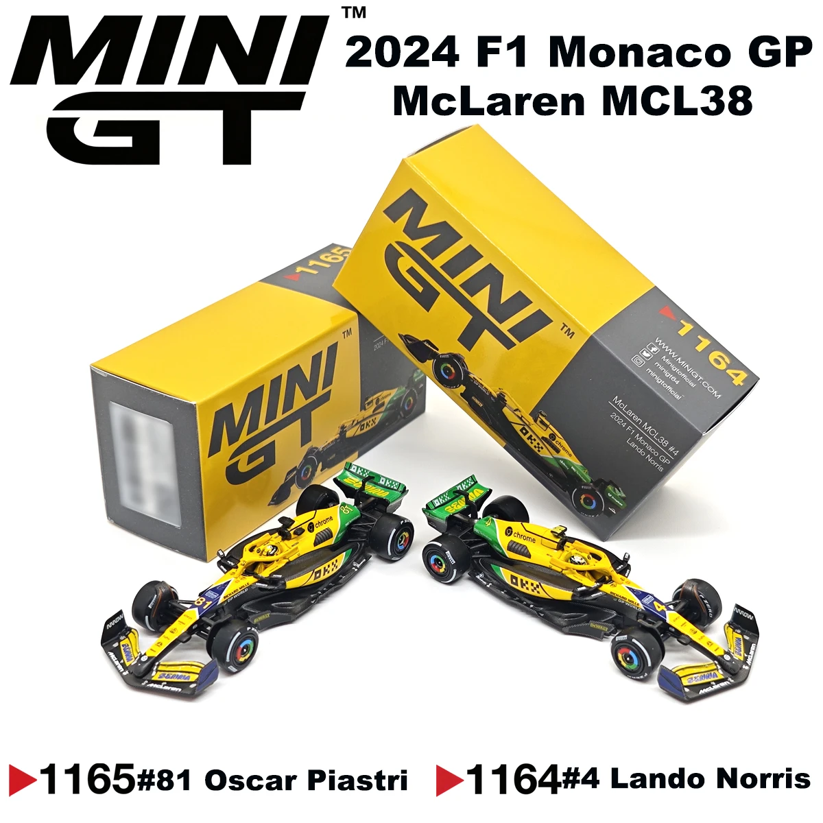 In Stock MiniGT 1164 1165 1:64 McLaren MCL38 2024 F1 Monaco GP #4 #81 Norris Piastri Collectible Model Vehicles Diecast in Stock