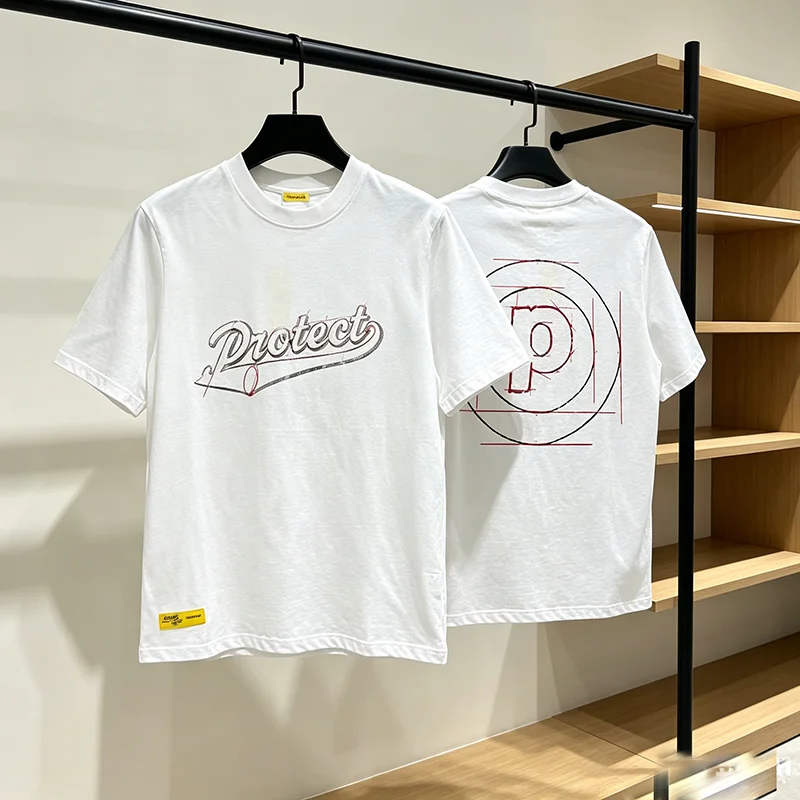 Summer New Protect Men T Shirt Line Sketch Letter Graphic Loose Casual Yellow Tag Short Sleeve Top