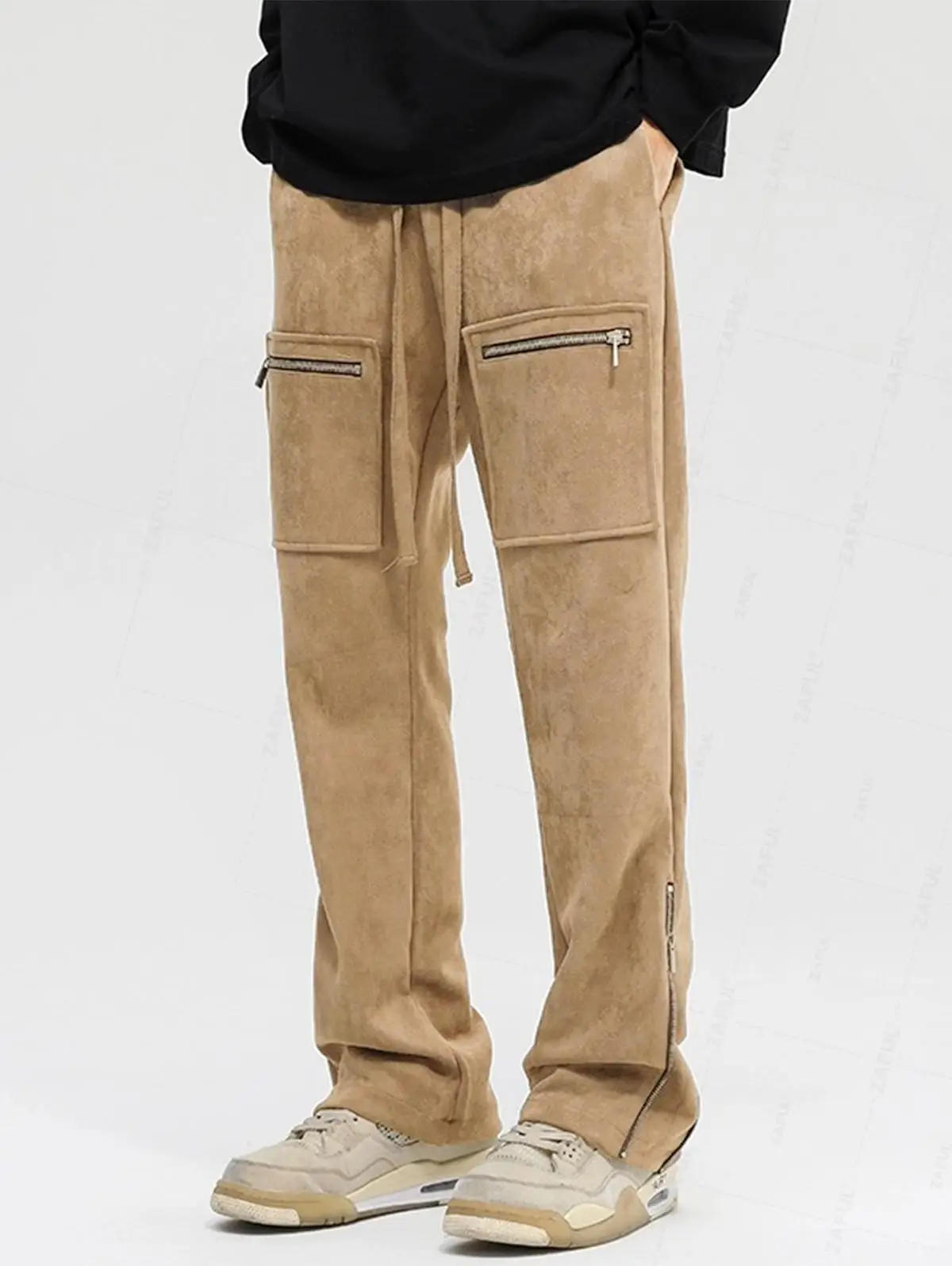 ZAFUL Casual Pocket Zip Decor Faux Suede Drawstring Pants