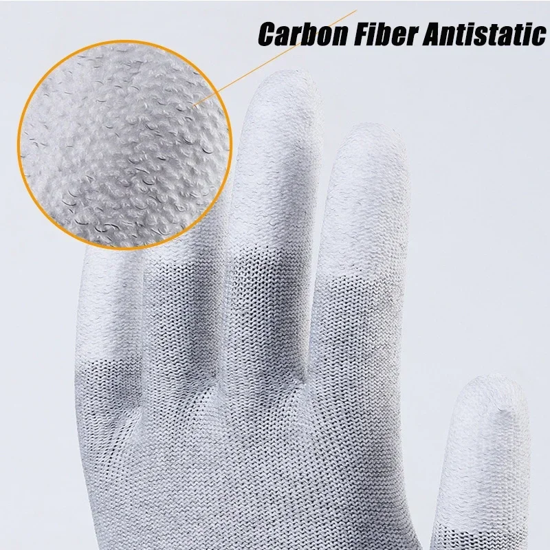 5PCS Antistatic Coated Labour Gloves Nylon Carbon Fibre Coated Fingers Touch Screen PU Gloves Wear Resistant Dustproof Workshop