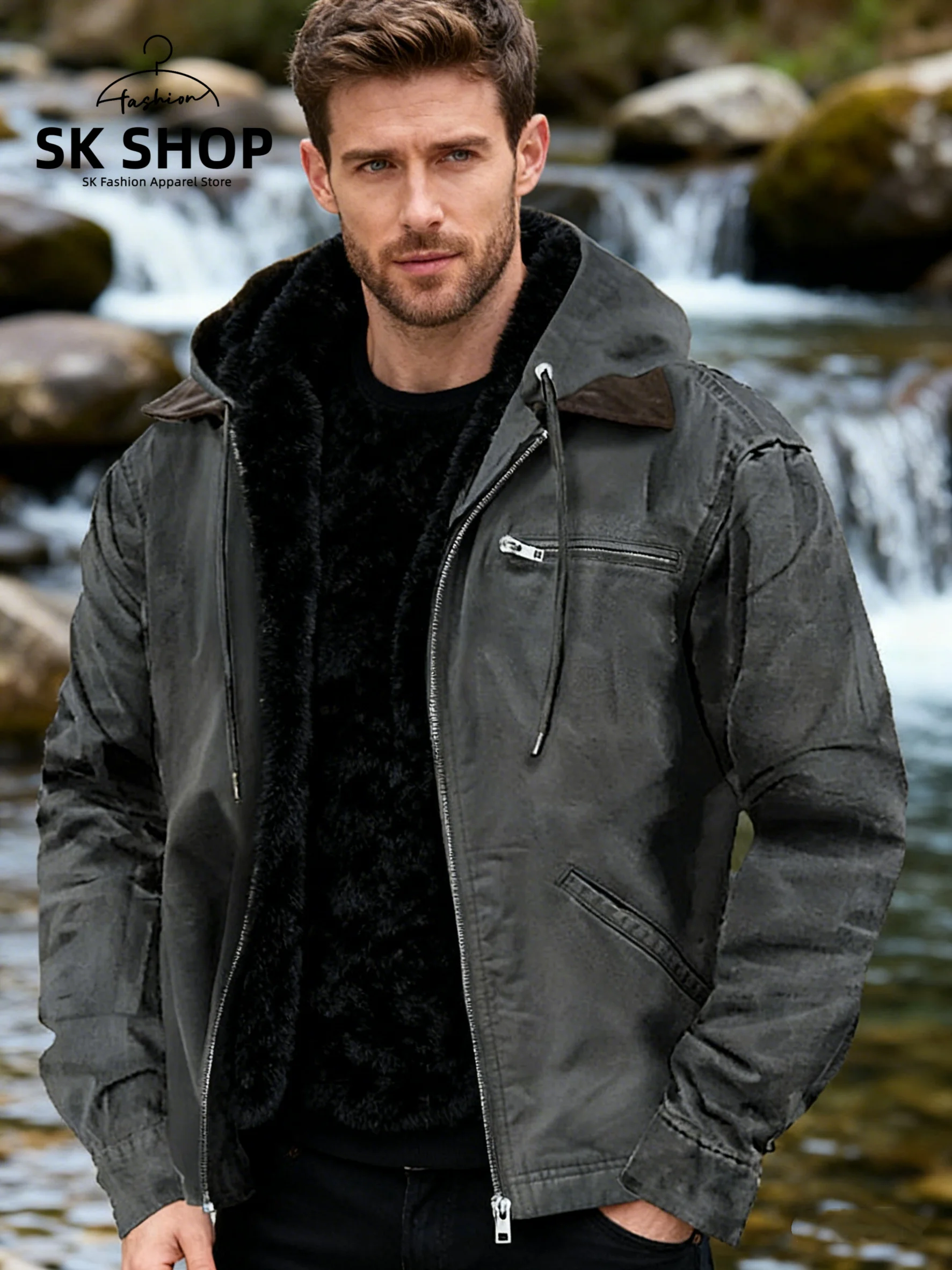 

Men's Hooded Jaet Pure Color Casual Cotton Vest with kets Fce Lined Zipper Coat Youth Loose Fit Long Sve