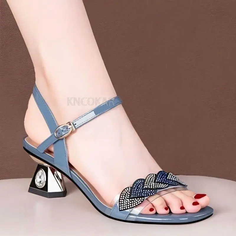 2023  Luxury New Women Crystal Chunky Sandals Summer High Heels Shoes Party Shoes Sexy Pumps Slingback Slippers Femme