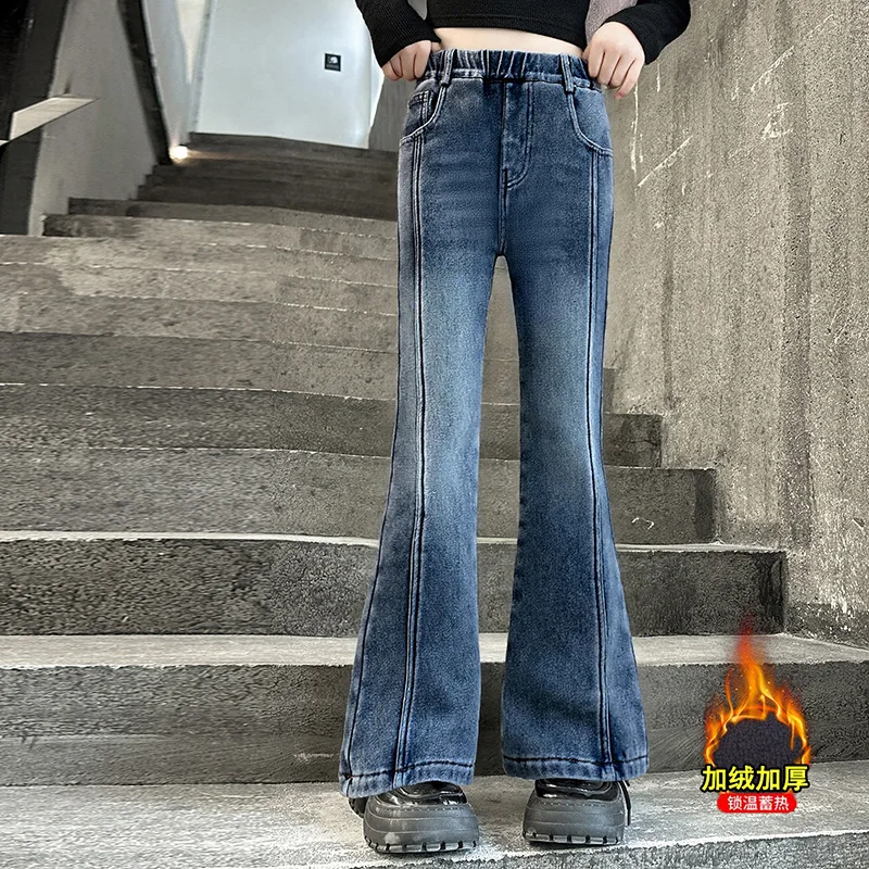 

Облегающие детские зимние расклешенные джинсы на флисовой подкладке для девочек, элегантные утепленные джинсовые брюки, детские теплые брюки с термосапоги