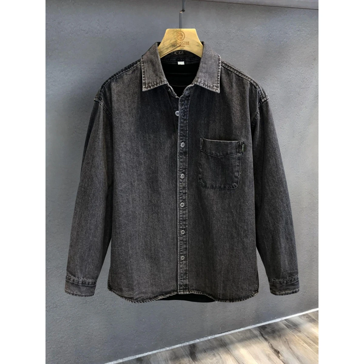 Hong Kong Version High-End Worn-look Denim Shirt Long Sleeve Men's Spring American Retro Workwear Jacket Loose Fit Button Decor