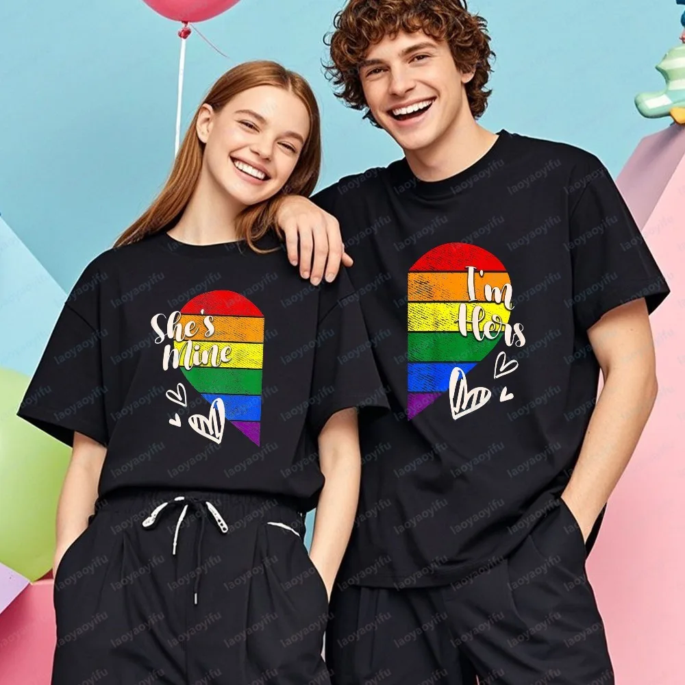 I'm Hers & She's Mine LGBTQ+ Pride Couple Matching T-Shirt Funny Gay Pride Month Rainbow Print Short Sleeve T-Shirt Couple Tees