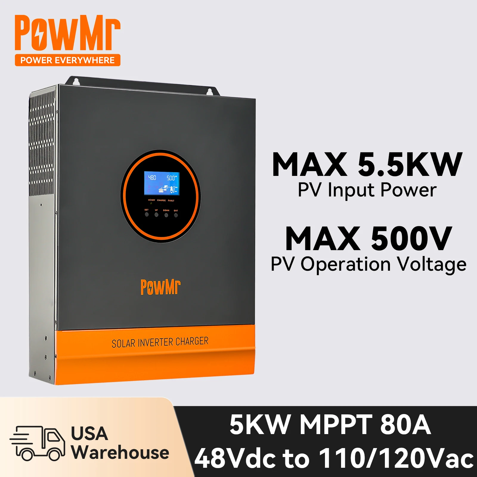 

PowMr 48V 5KW Solar Inverter MPPT 80A Off Grid Inverter Pure Sine Wave 110V 120V Max PV Input 500V 5.5KW