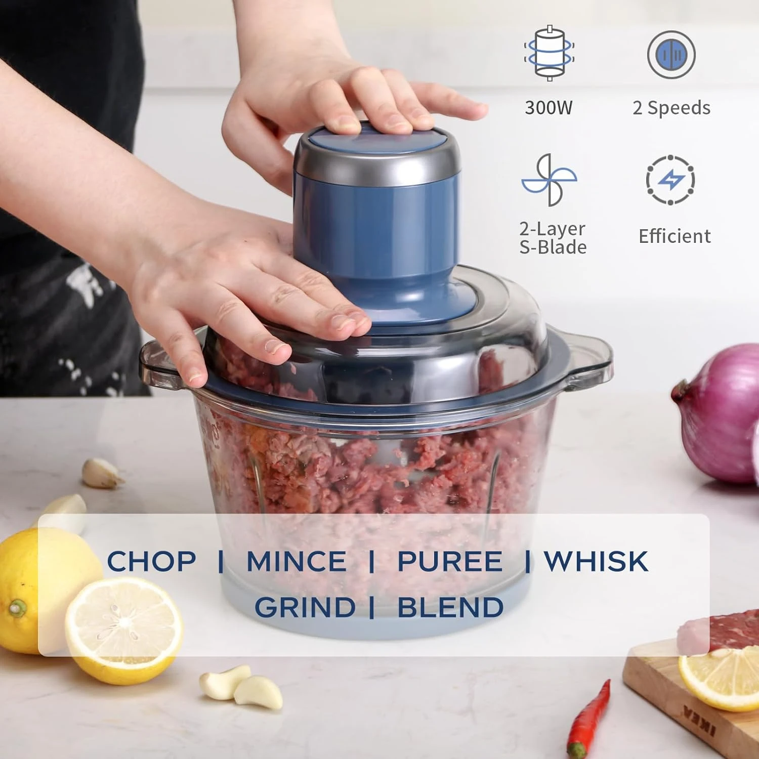 Food Processor, Food Chopper with 7-Cup (1.7L) Glass Bowl, 4 Bi-Level Blades for Chopping,Grinding,Mincing,Whisking,Meal Prep,30