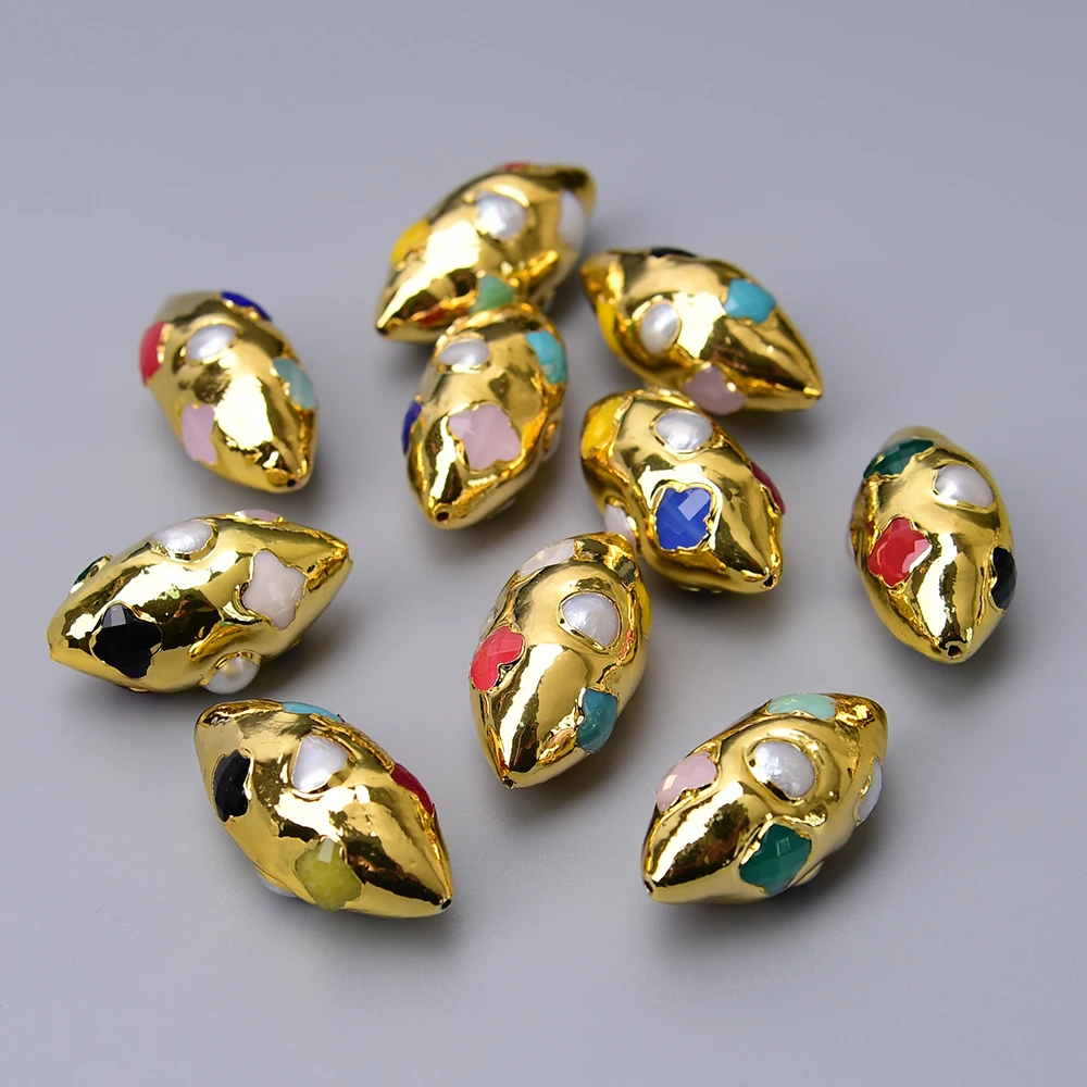 APDGG 5 Pcs Cultured White Pearl Mix Color Crystal Paved Olive Shape Gold Plated Loose Spacer Beads