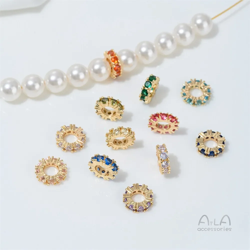 T383 14K Gold-plated Zirconium-inlaid Birthstone Spacer 10mm Spacer Beads Pearl Crystal Diy Handmade Jewelry Accessory Materials