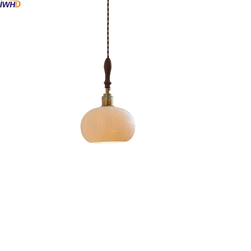 

IWHD Round Shade LED Pendant Light Fixtures Hallway Floor Bedroom Chandelier White Ceramic Wood Copper Japan Style Hanging Lamp