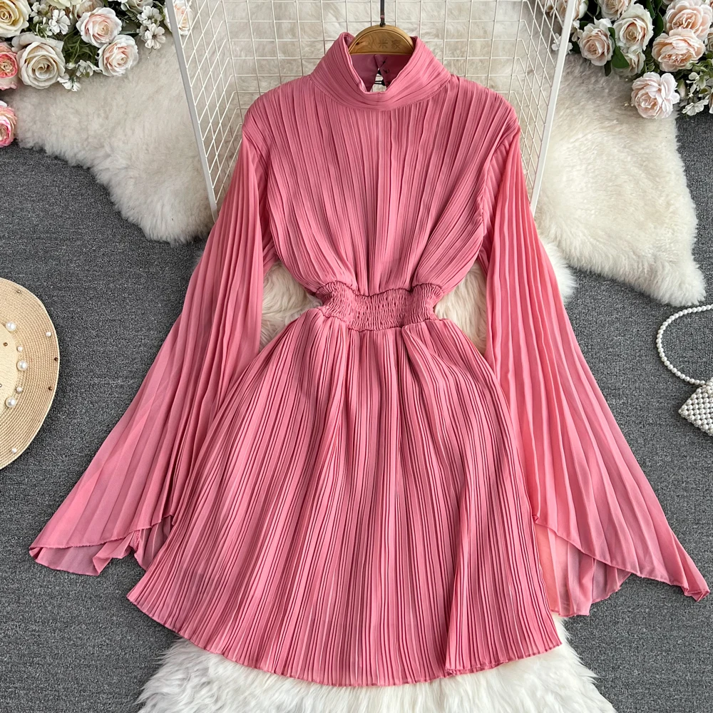 

Spring and Autumn Celebrity Elegance Flare Long Sleeved Stand Up Neck Waist Slimming A-line Chiffon Pleated Dress