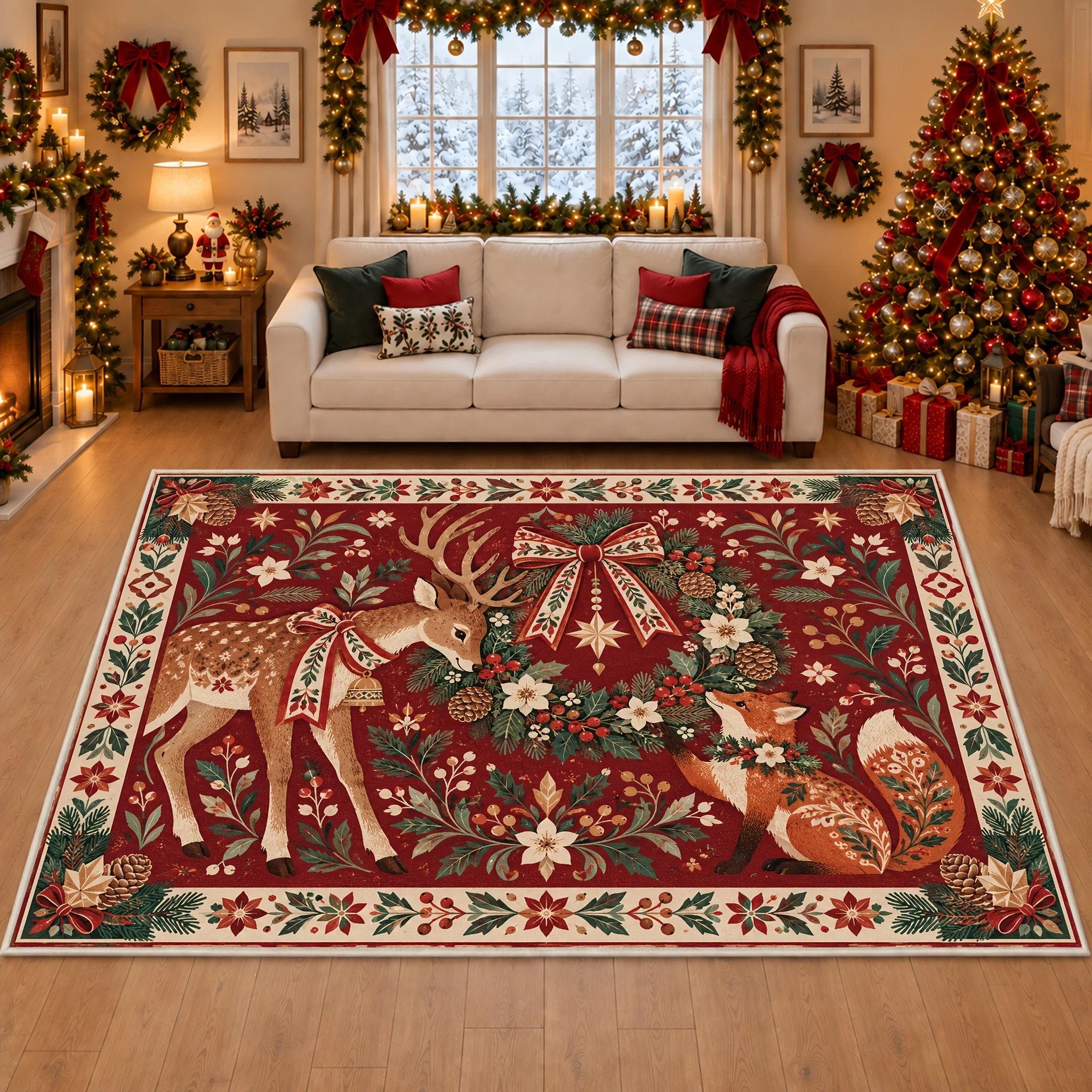1pc Christmas Deer Fox Wreath Printed Area Rug, 2D Flat Print, Indoor Floor Mat for Living Room, Xmas Home Decor