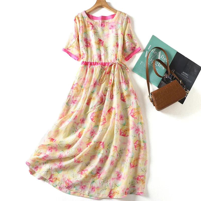 

2024 New Arrival Patchwork Print Floral Loose Summer Dress Draw String Fashion Women Holiday Style Outdoor Travel Casual Dress