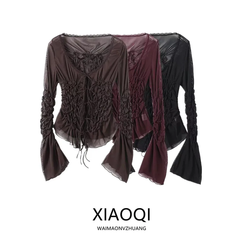 

Женский ор Све V-ne irt, осеннее новое поступление, плиссированный дизайн с бантом, европейский женский топ Sle Faion