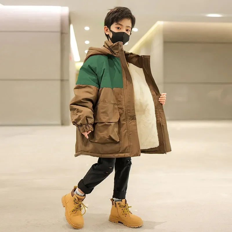 Teens Boys Patchwork Coat Jacket Overcoat Cotton 2024 Zipper Warm Plus Velvet Thicken Winter Christmas Parka Children's Clothing