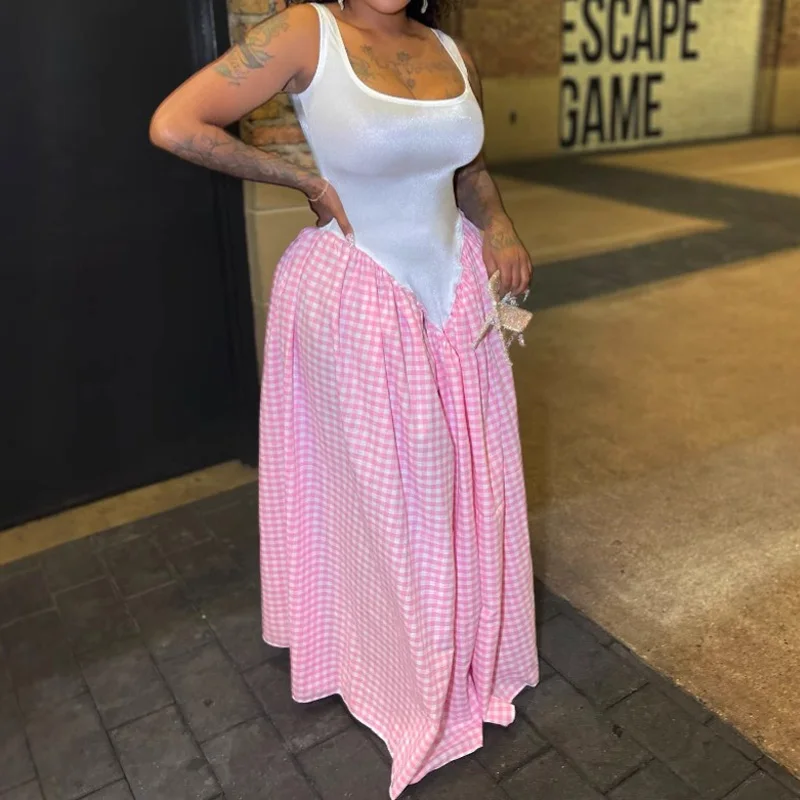 فستان Slergiri للسيدات بدون أكمام منقوش بدون أكمام لصيف 2025 برقبة سكوب وخصر عالٍ فساتين طويلة غير رسمية كبيرة سوينغ