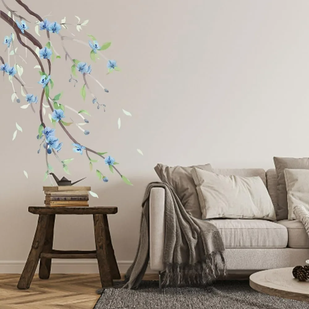 Hanging Branches Wall Decals Blue Flowers Wall Stickers Watercolor Plant Vinyl Decor for Baby Kids Bedroom Classroom Bedroom