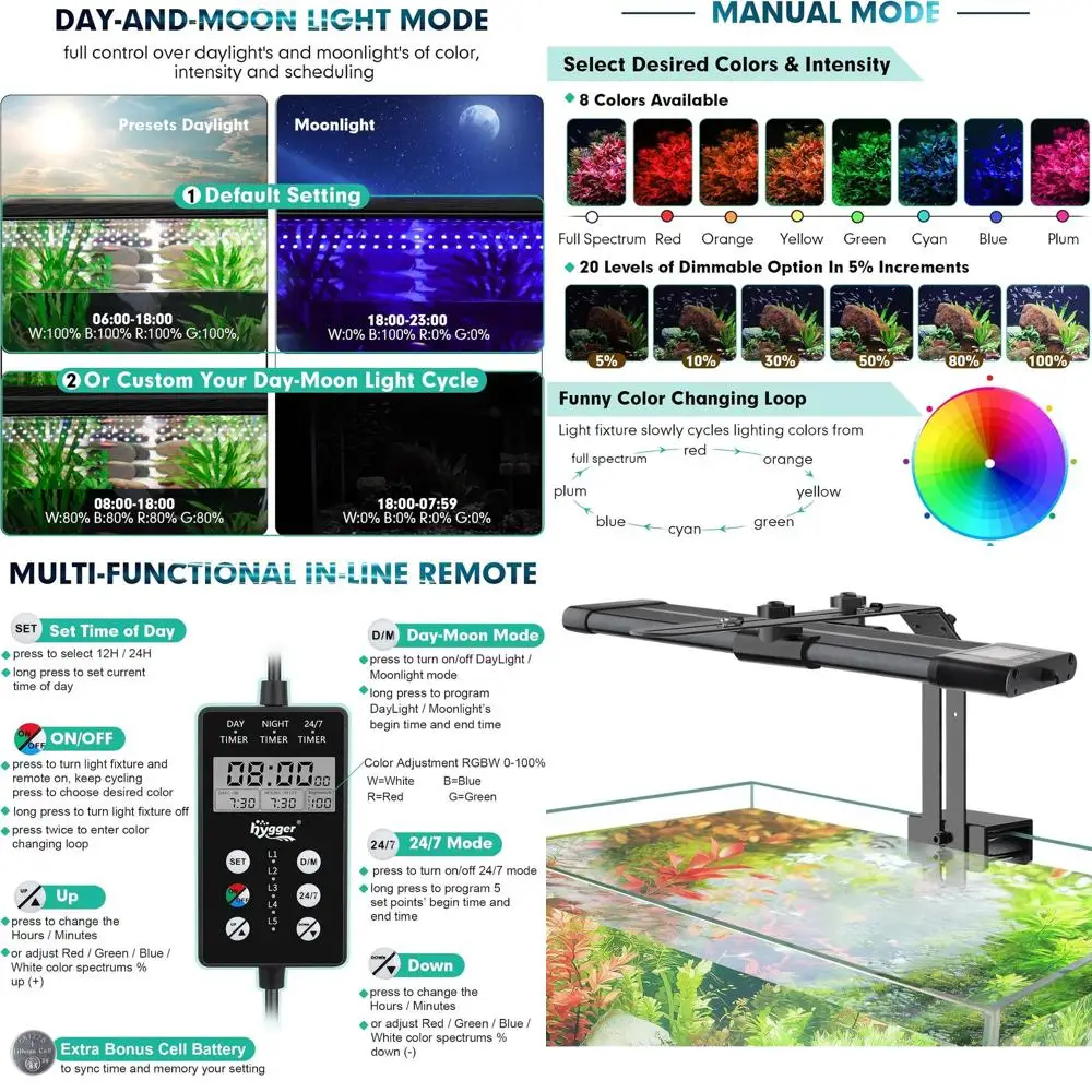 

Регулируемый светодиодный светильник для аквариума с изменяемым спектром, от дневного света до лунного, работа 24/7, идеально подходит для аквариумов 18-24 дюймов