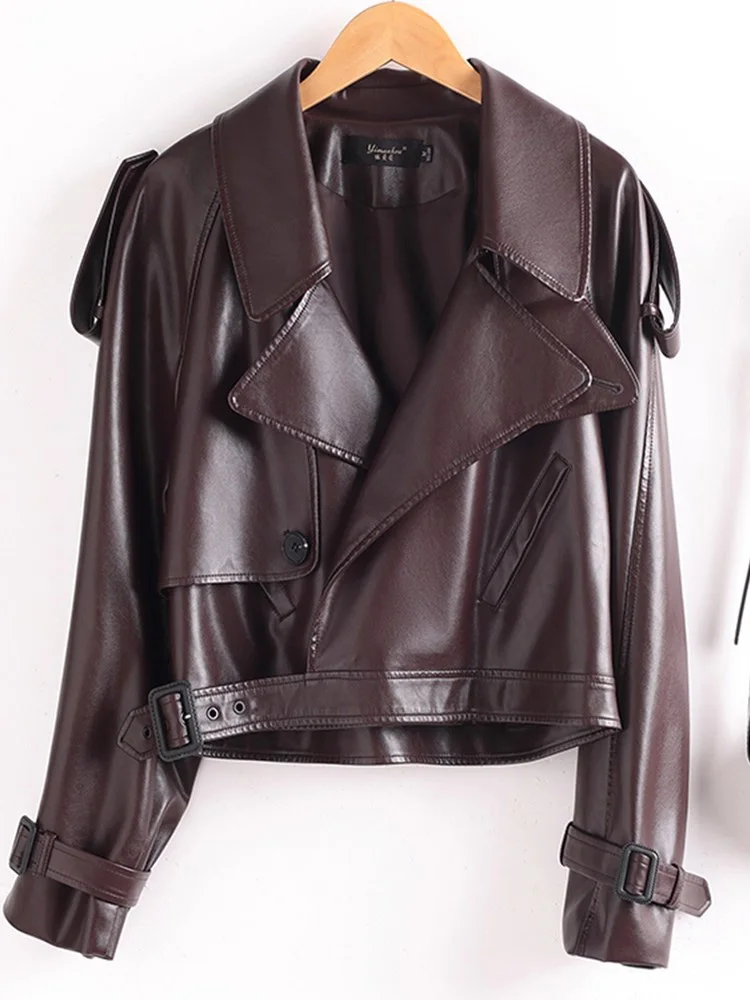 신상 여성 분할 가죽 재킷 봄 가을 패션 턴다운 칼라 빈티지 디자인 캐주얼 루즈 모토 바이커 쇼트 코트 여성용